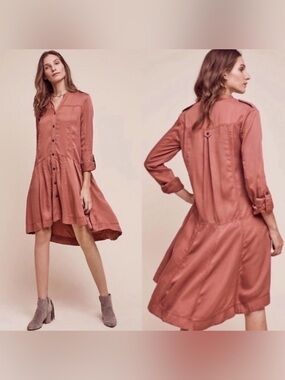 Anthropologie HOLDING HORSES High-Low Shirt Dress Mariona in Dusty Rose, 2